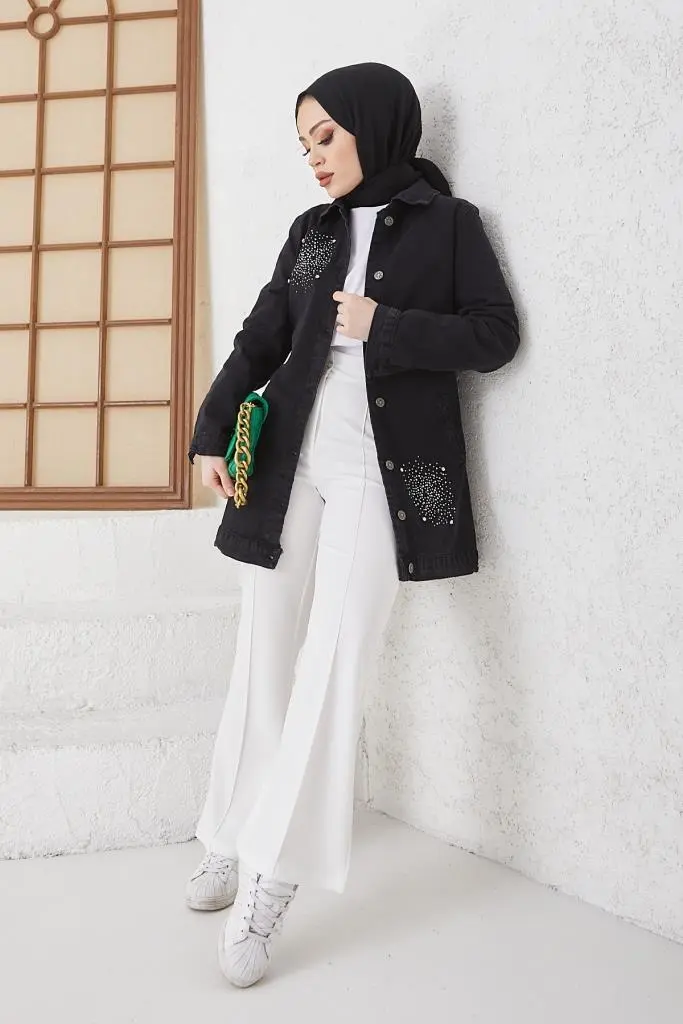 7703 Taş İşlemeli Tesettür Kot Ceket Siyah-detail