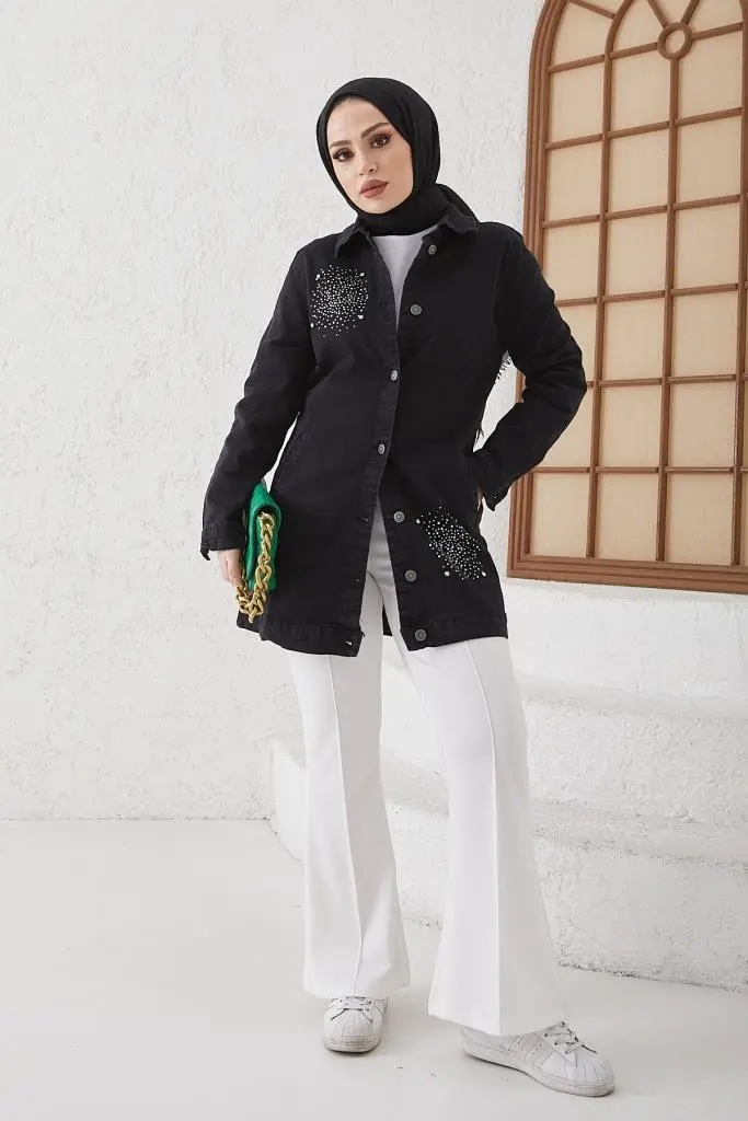 7703 Taş İşlemeli Tesettür Kot Ceket Siyah-detail