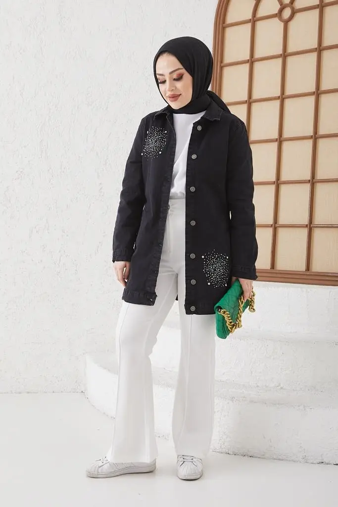 7703 Taş İşlemeli Tesettür Kot Ceket Siyah-detail