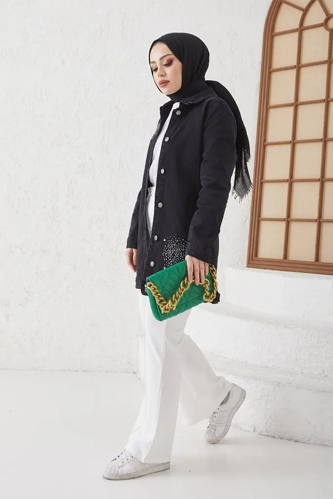 7703 Taş İşlemeli Tesettür Kot Ceket Siyah-detail