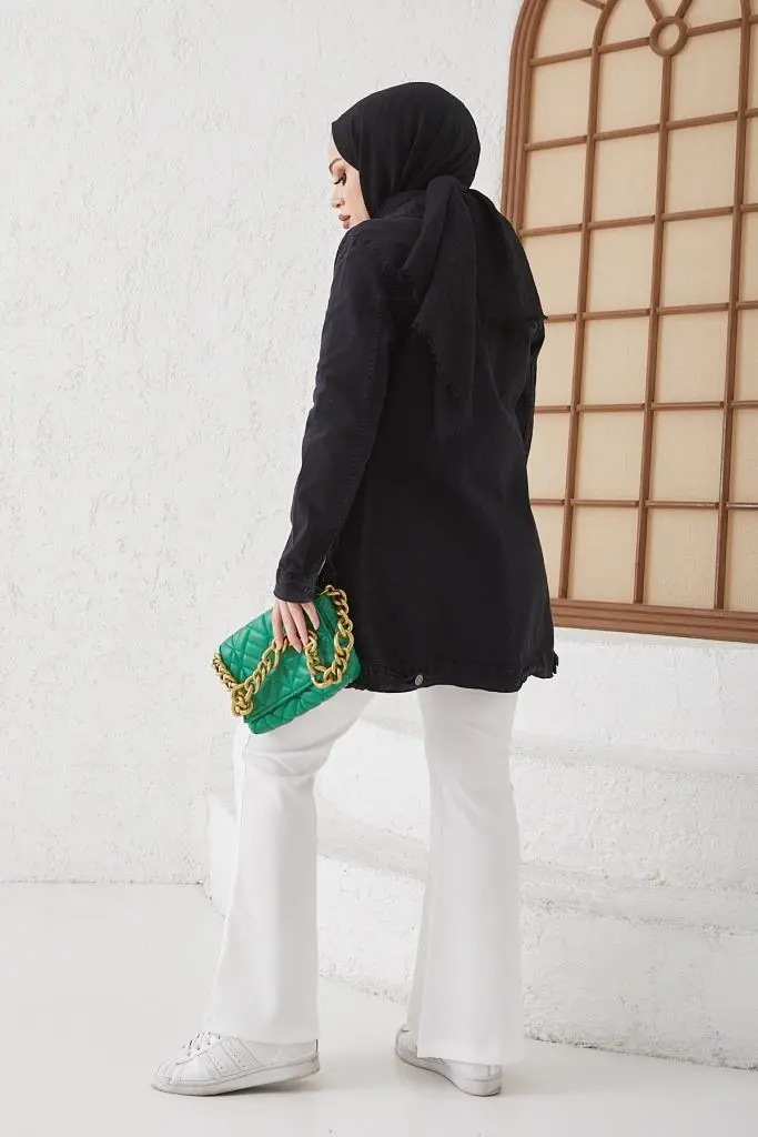 7703 Taş İşlemeli Tesettür Kot Ceket Siyah-detail