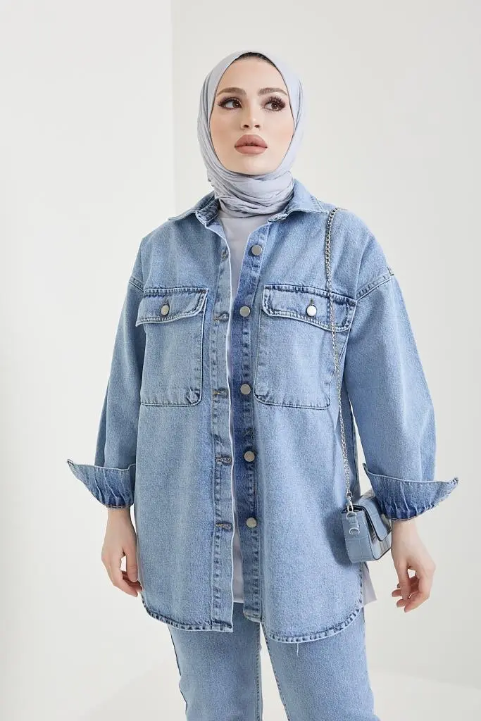 Jacket Trousers Hijab Double Denim Suit Blue-detail