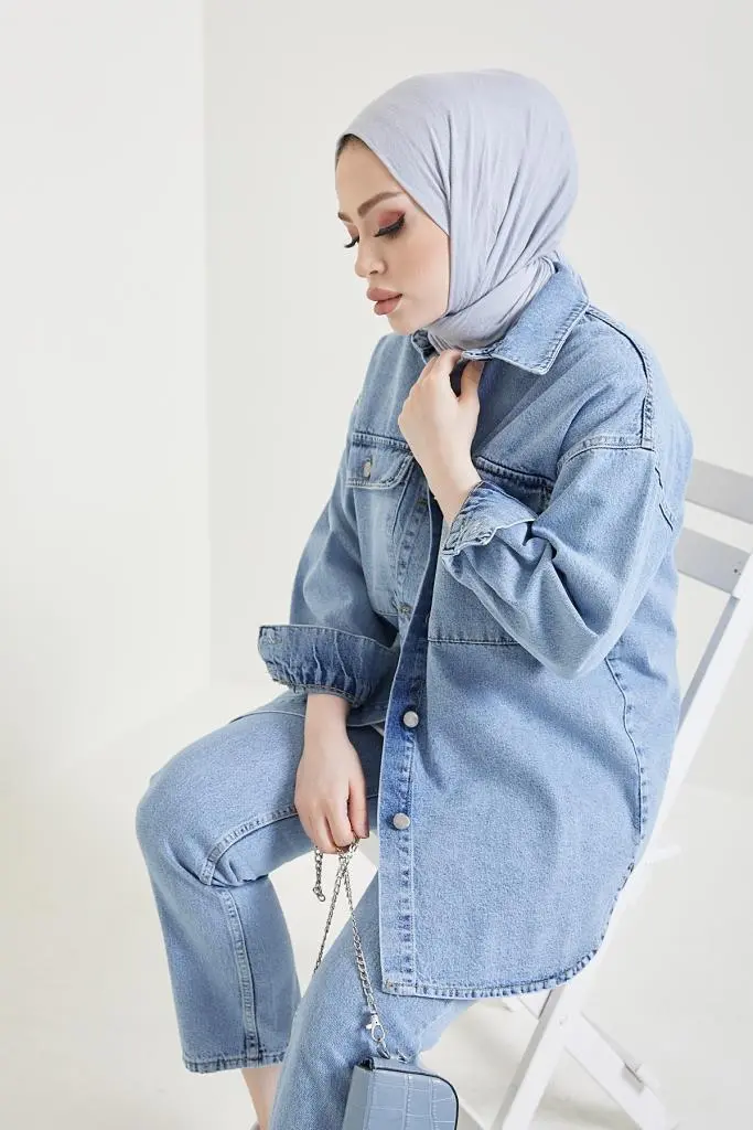 Jacket Trousers Hijab Double Denim Suit Blue-detail