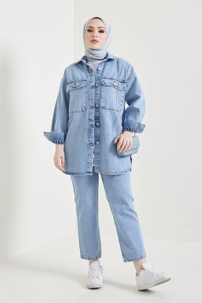 Jacket Trousers Hijab Double Denim Suit Blue-detail