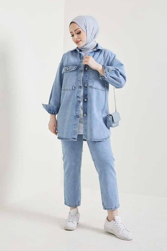 Jacket Trousers Hijab Double Denim Suit Blue-detail