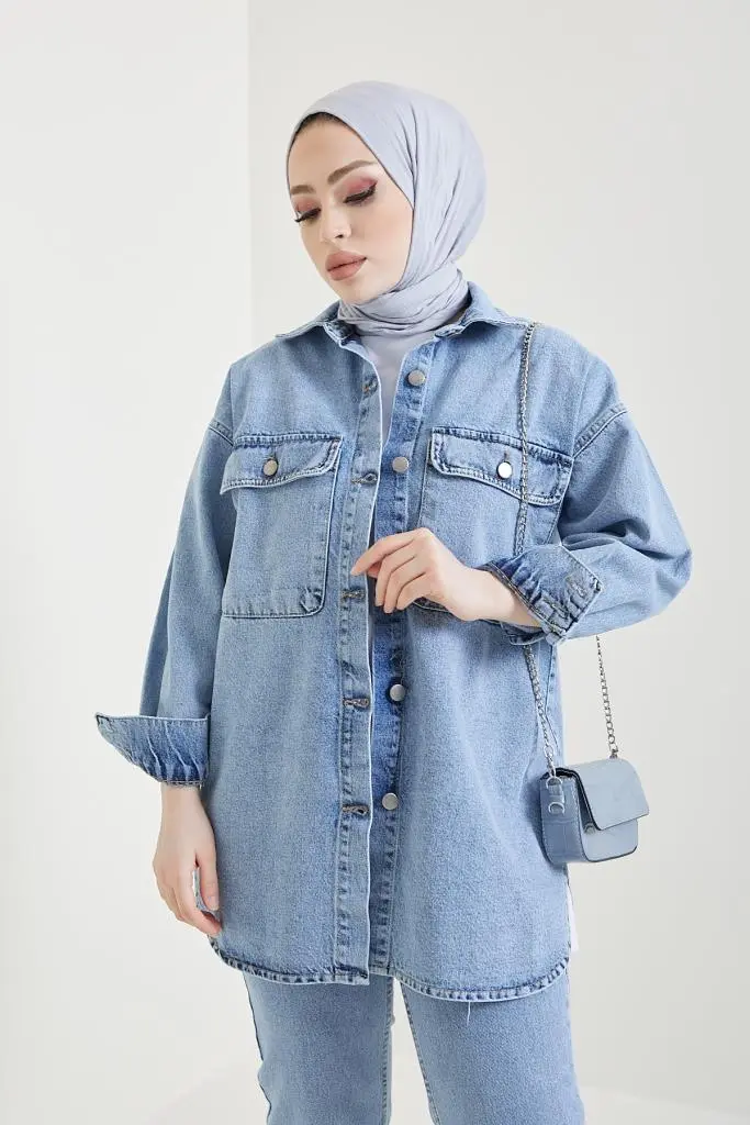 Jacket Trousers Hijab Double Denim Suit Blue-detail