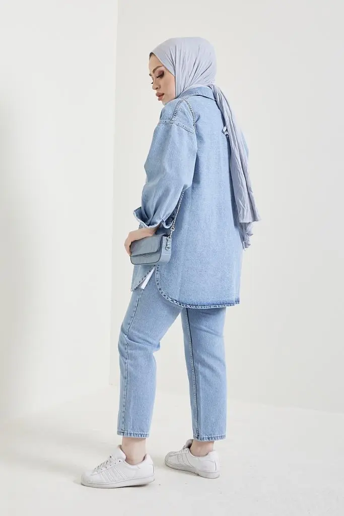 Jacket Trousers Hijab Double Denim Suit Blue-detail