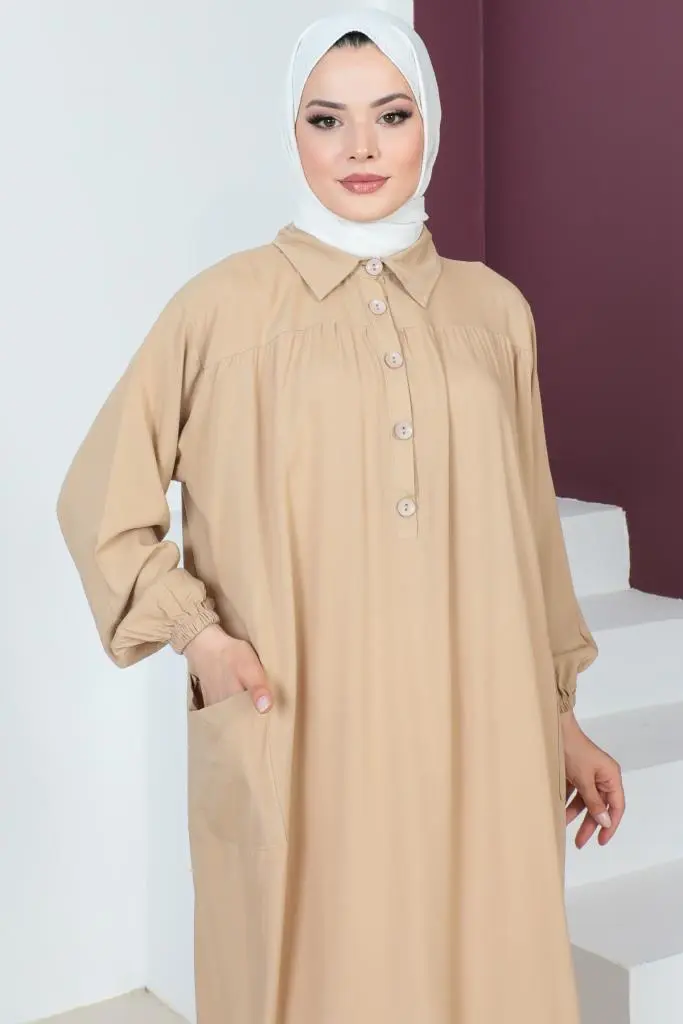 8222 Yanları Yırtmaç Robalı Tam Boy Tunik Bej-detail