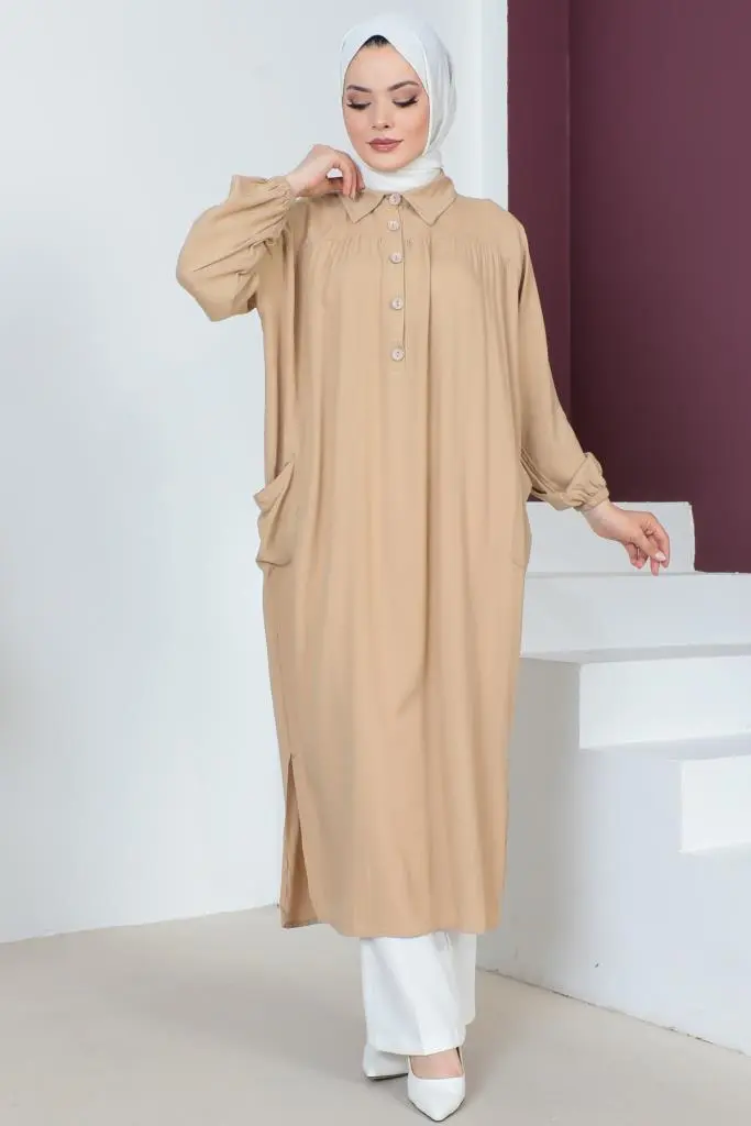 8222 Yanları Yırtmaç Robalı Tam Boy Tunik Bej-detail