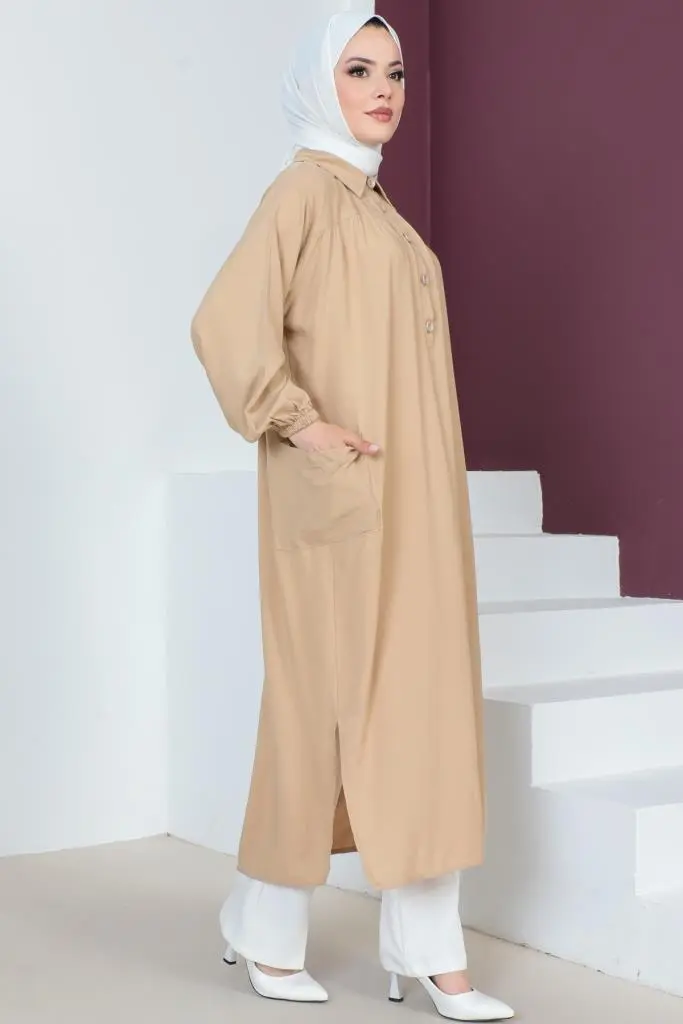 8222 Yanları Yırtmaç Robalı Tam Boy Tunik Bej-detail