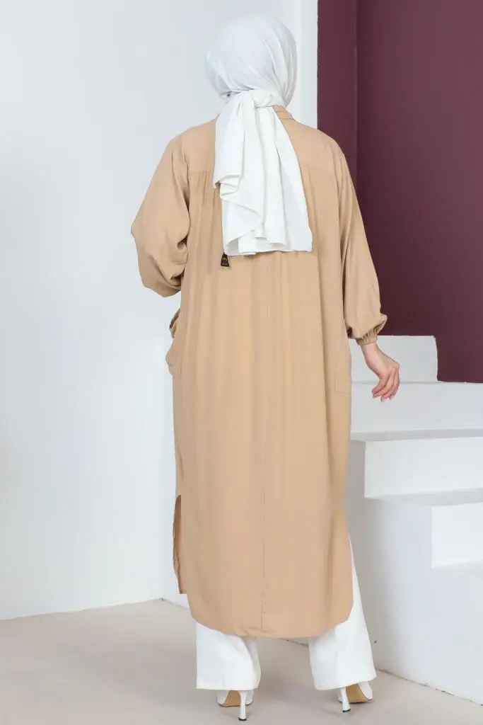 8222 Yanları Yırtmaç Robalı Tam Boy Tunik Bej-detail