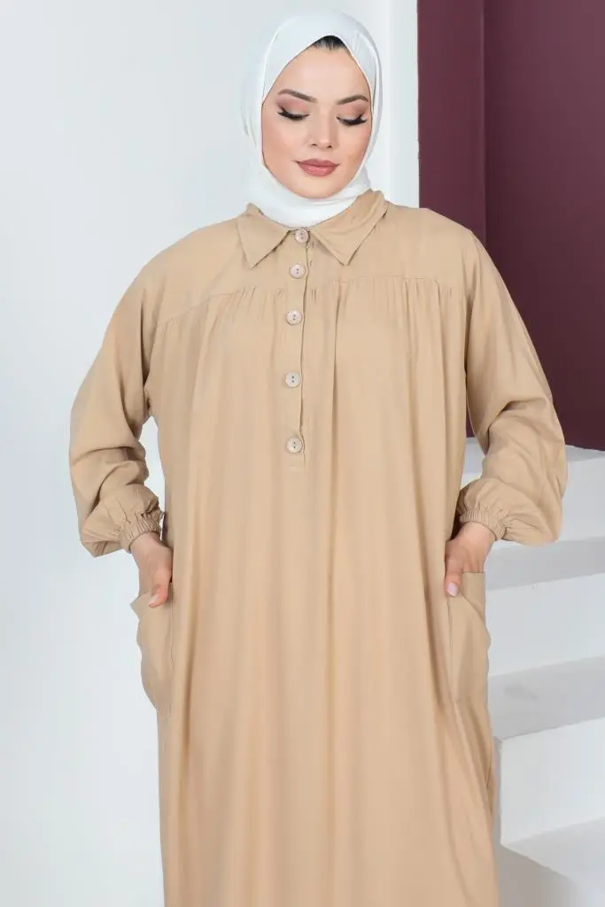 8222 Yanları Yırtmaç Robalı Tam Boy Tunik Bej-detail