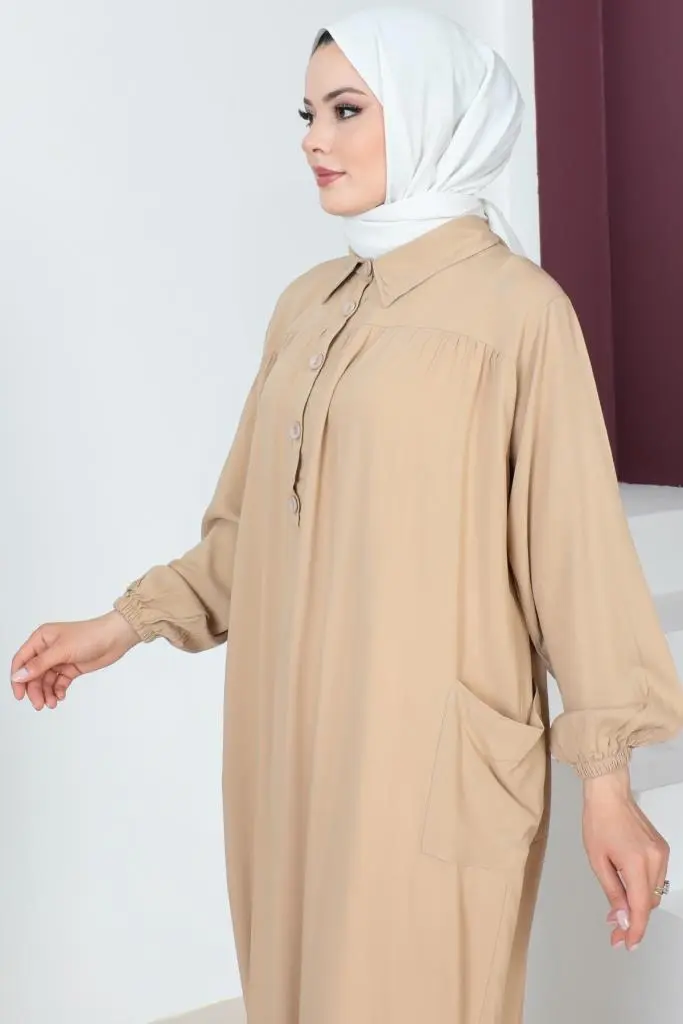8222 Yanları Yırtmaç Robalı Tam Boy Tunik Bej-detail