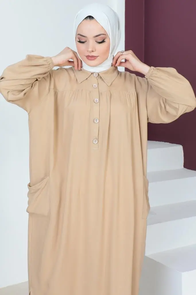 8222 Yanları Yırtmaç Robalı Tam Boy Tunik Bej-detail