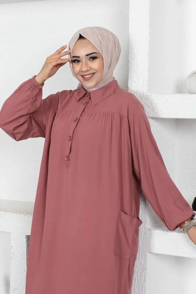 8222 Yanları Yırtmaç Robalı Tam Boy Tunik Gül Kurusu-detail