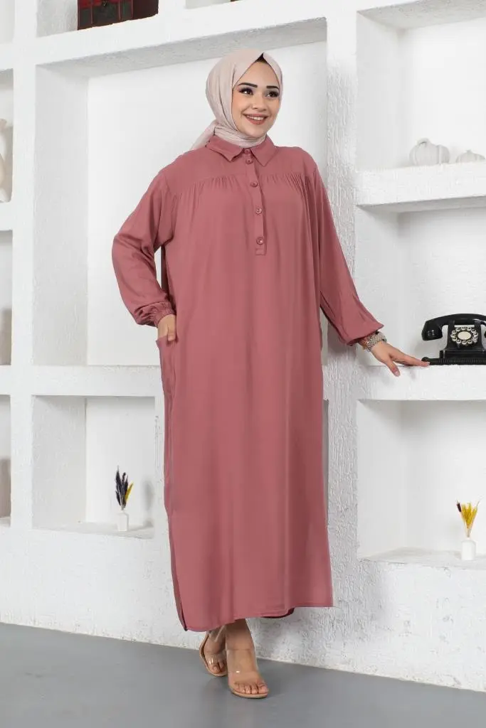 8222 Yanları Yırtmaç Robalı Tam Boy Tunik Gül Kurusu-detail