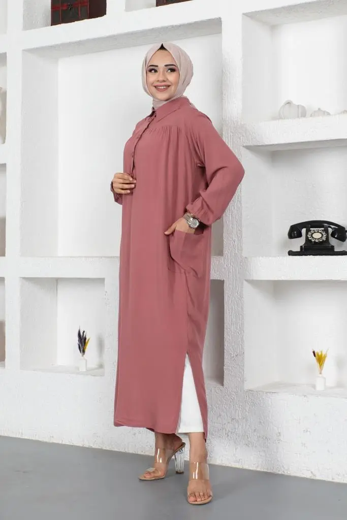 8222 Yanları Yırtmaç Robalı Tam Boy Tunik Gül Kurusu-detail