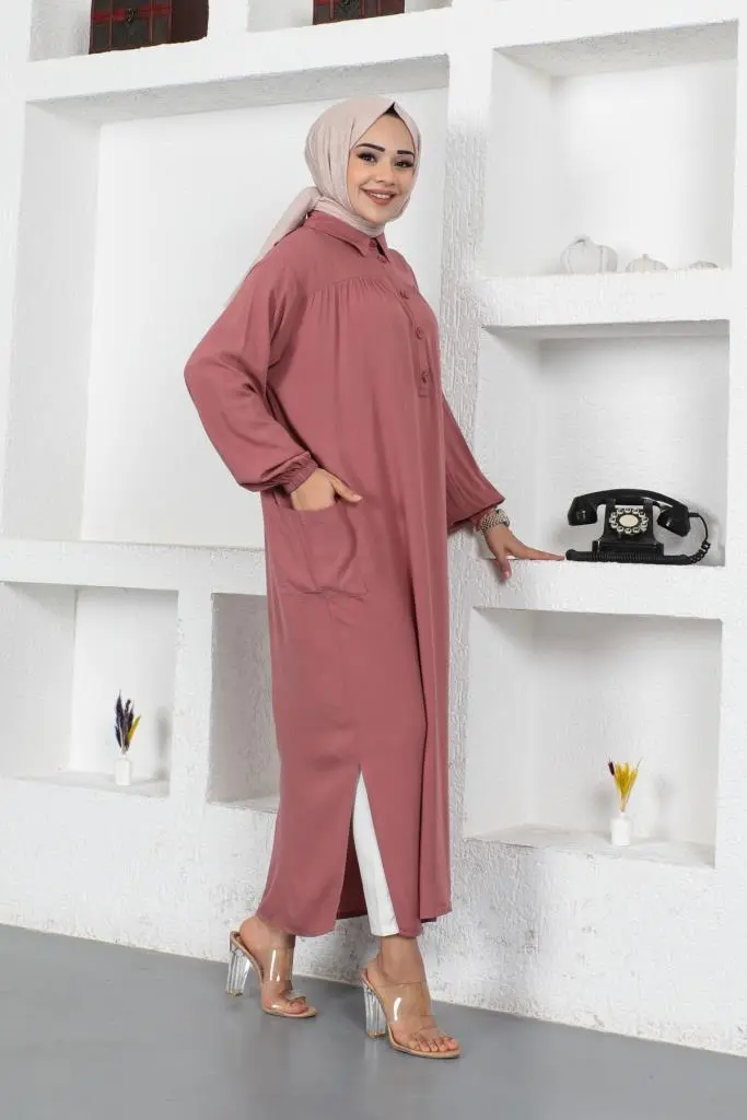 8222 Yanları Yırtmaç Robalı Tam Boy Tunik Gül Kurusu-detail