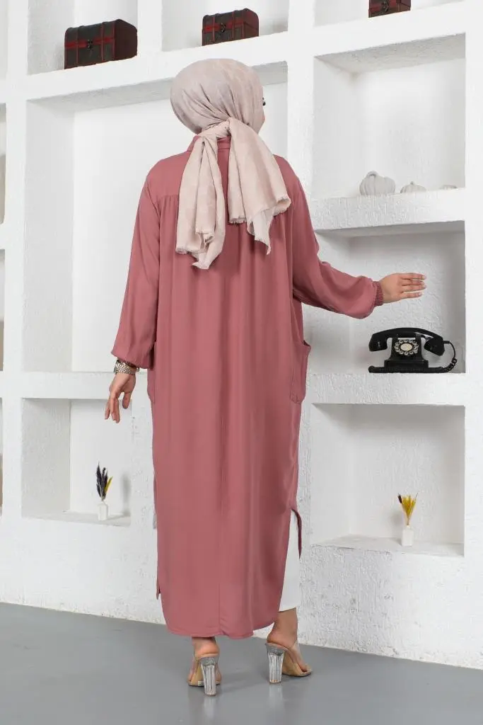 8222 Yanları Yırtmaç Robalı Tam Boy Tunik Gül Kurusu-detail