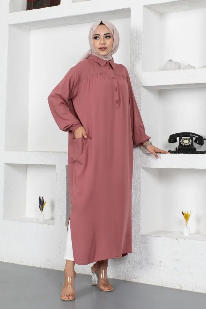 8222 Yanları Yırtmaç Robalı Tam Boy Tunik Gül Kurusu-detail