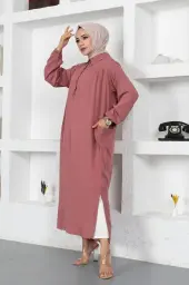 8222 Yanları Yırtmaç Robalı Tam Boy Tunik Gül Kurusu