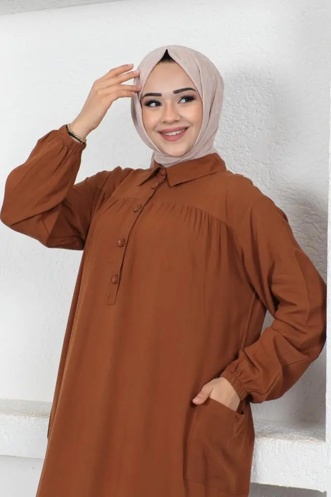8222 Yanları Yırtmaç Robalı Tam Boy Tunik Kahverengi-detail