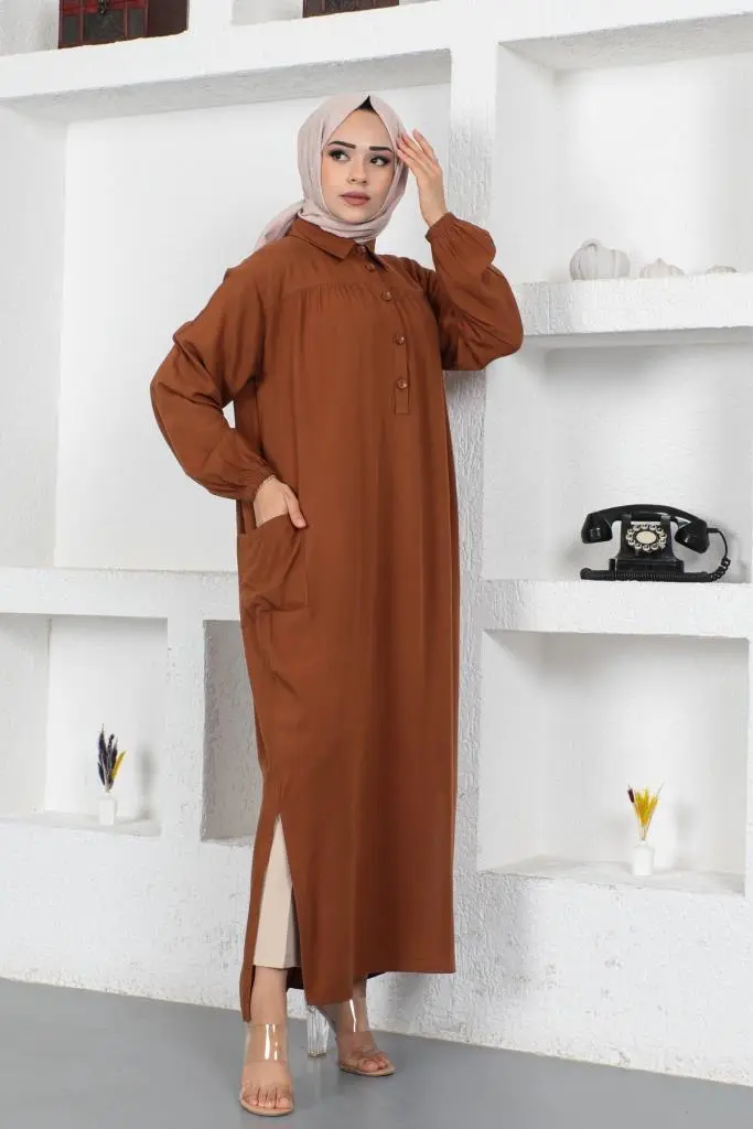 8222 Yanları Yırtmaç Robalı Tam Boy Tunik Kahverengi-detail