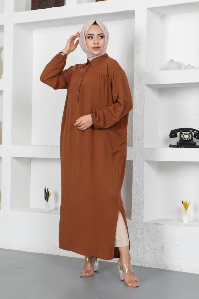 8222 Yanları Yırtmaç Robalı Tam Boy Tunik Kahverengi-detail