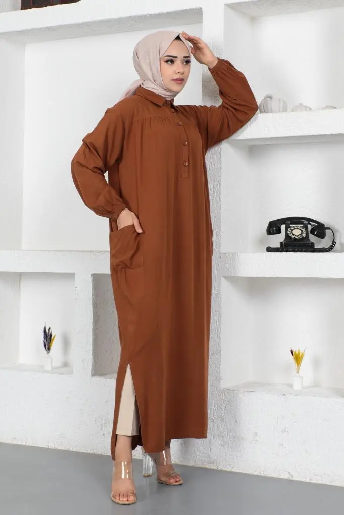 8222 Yanları Yırtmaç Robalı Tam Boy Tunik Kahverengi-detail
