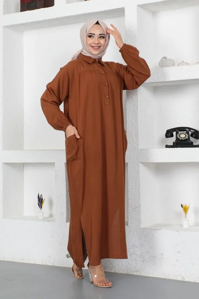 8222 Yanları Yırtmaç Robalı Tam Boy Tunik Kahverengi-detail