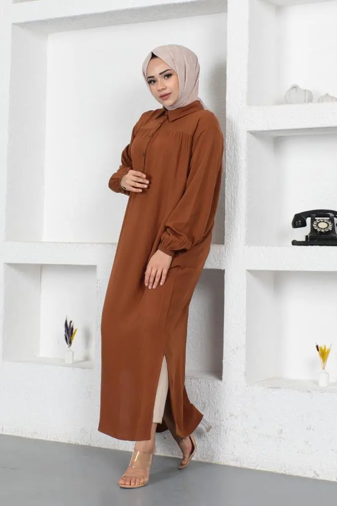 8222 Yanları Yırtmaç Robalı Tam Boy Tunik Kahverengi-detail