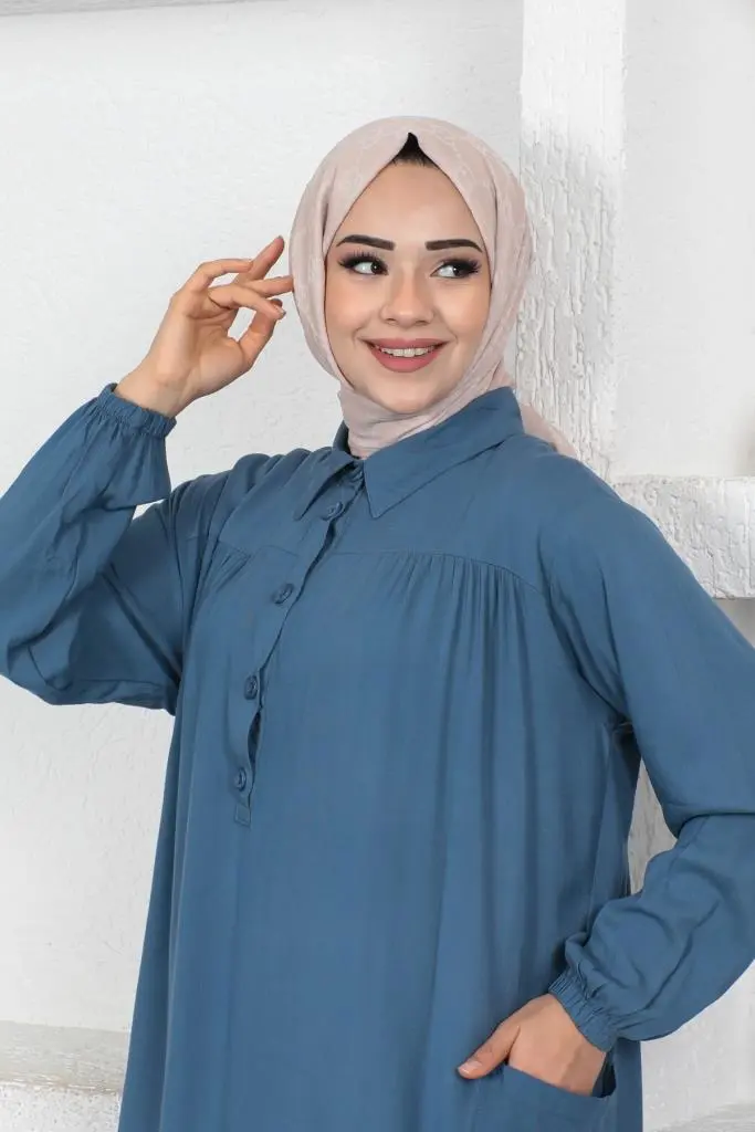 8222 Yanları Yırtmaç Robalı Tam Boy Tunik Mavi-detail