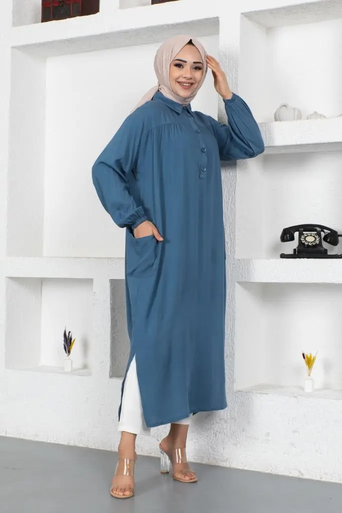 8222 Yanları Yırtmaç Robalı Tam Boy Tunik Mavi-detail