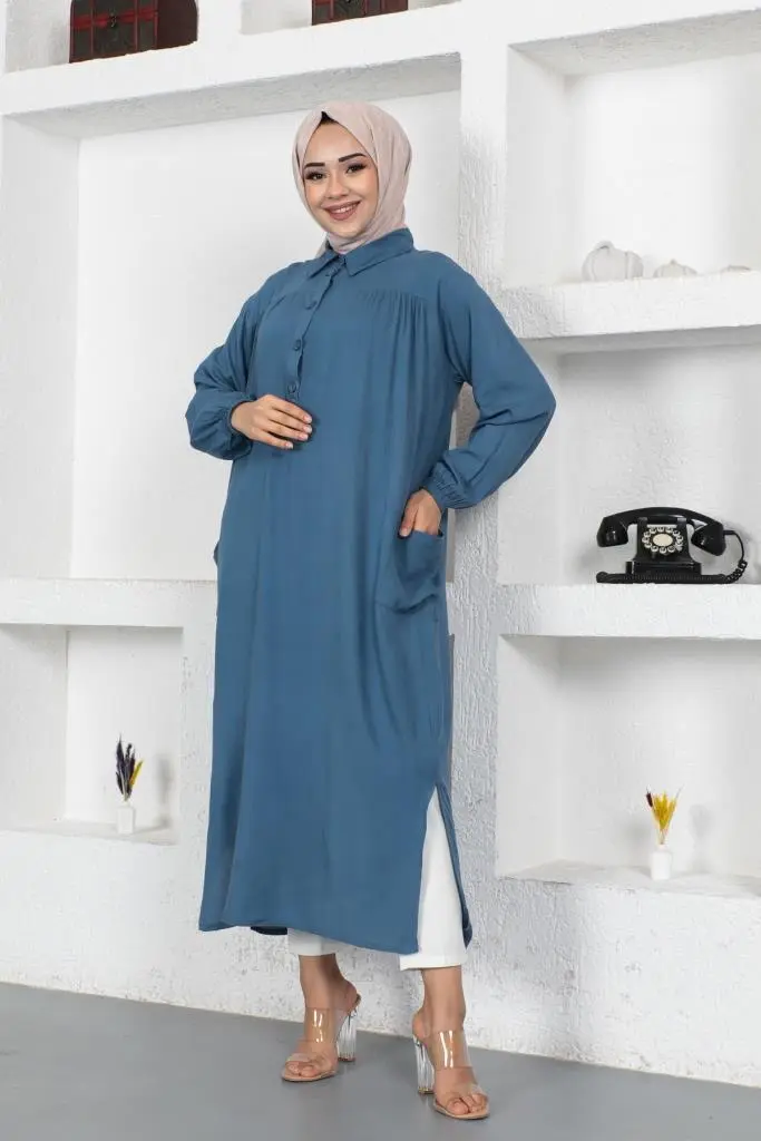 8222 Yanları Yırtmaç Robalı Tam Boy Tunik Mavi-detail