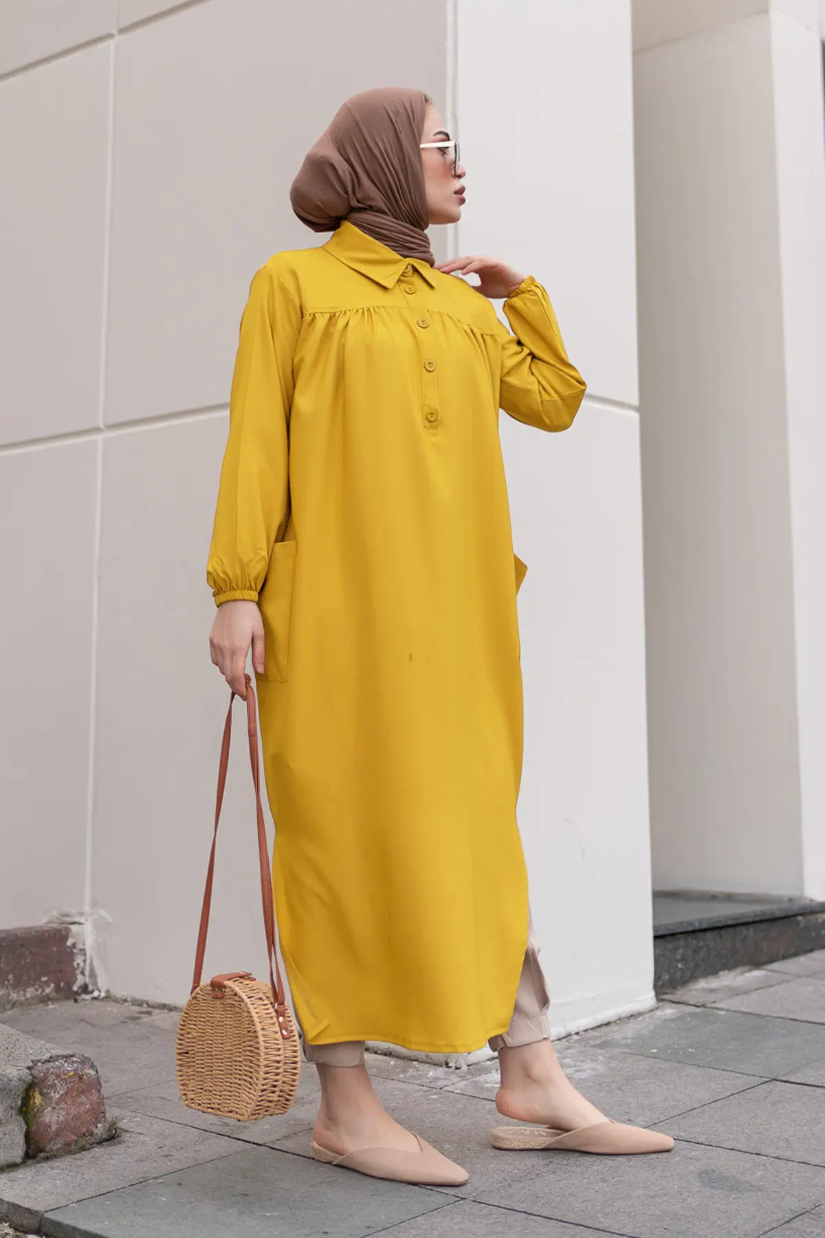 8222 Yanları Yırtmaç Robalı Tam Boy Tunik Sarı-detail