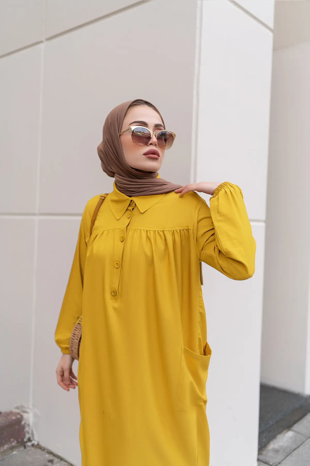 8222 Yanları Yırtmaç Robalı Tam Boy Tunik Sarı-detail