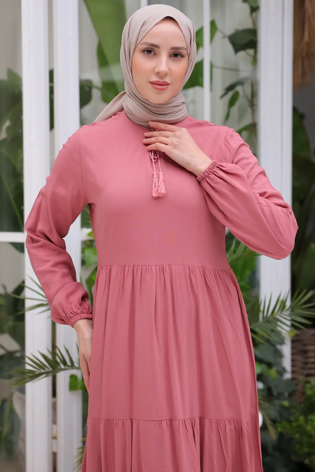 8232 Yakası İpli Elbise Gül Kurusu-detail