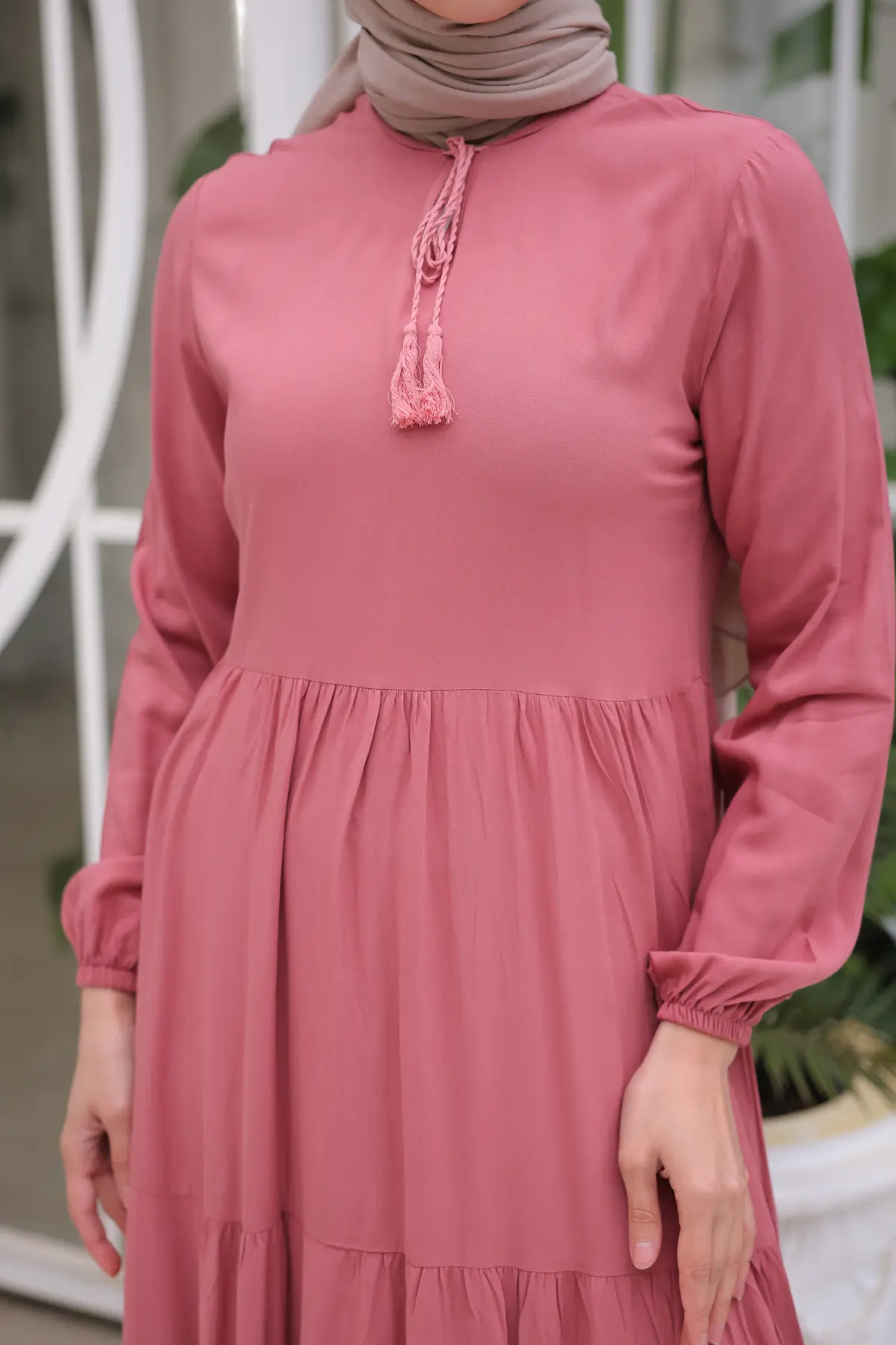 8232 Yakası İpli Elbise Gül Kurusu-detail