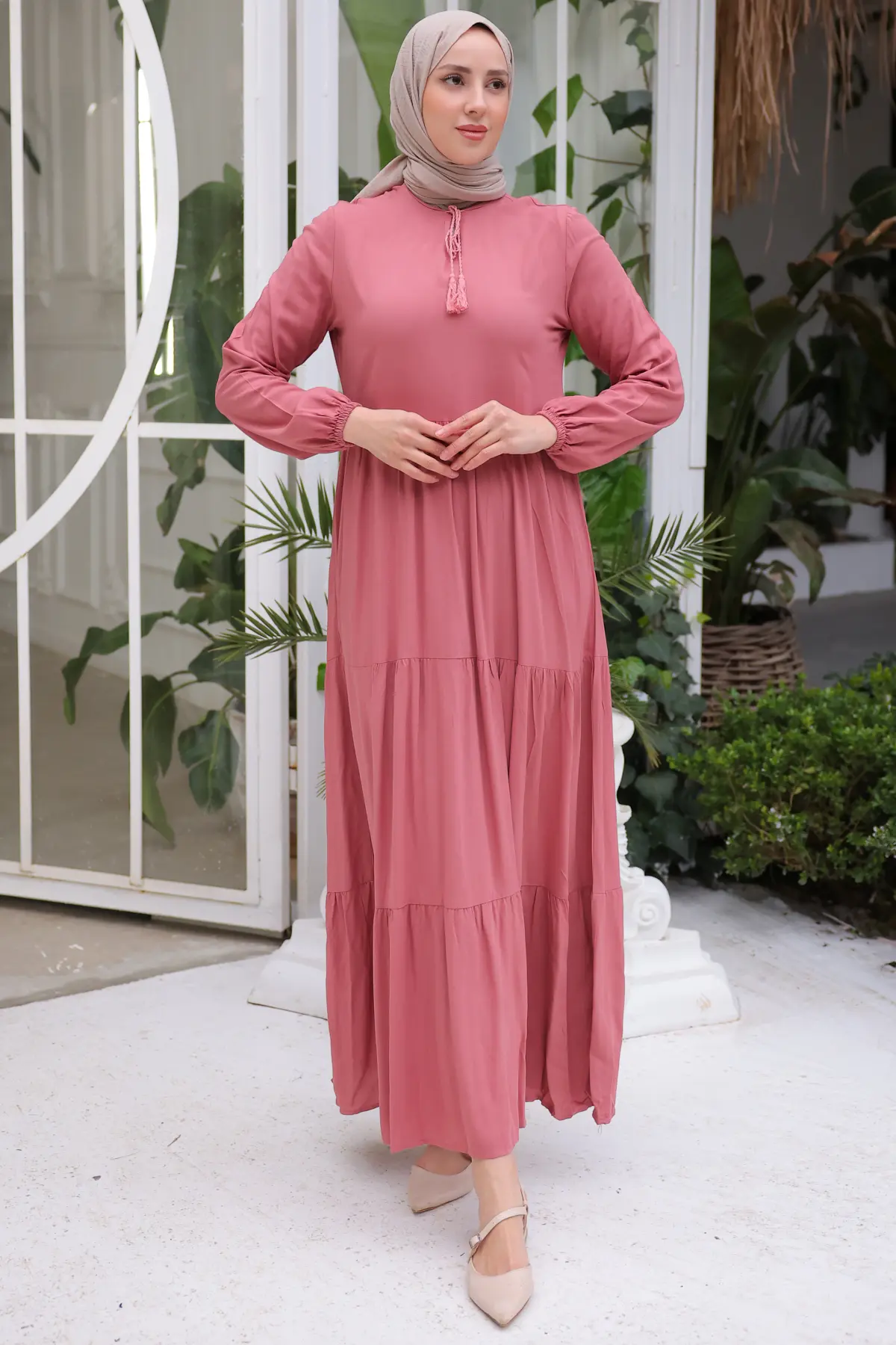 8232 Yakası İpli Elbise Gül Kurusu-detail