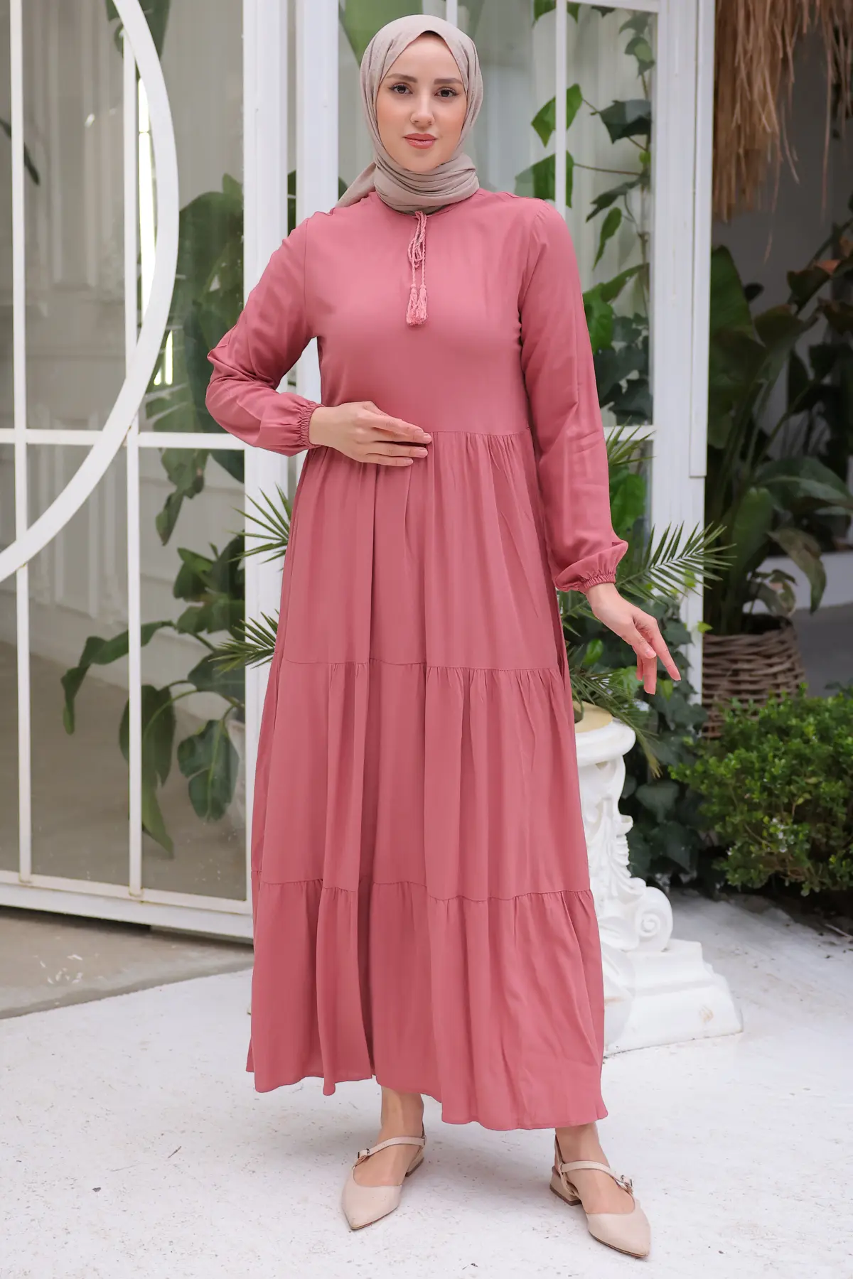 8232 Yakası İpli Elbise Gül Kurusu-detail