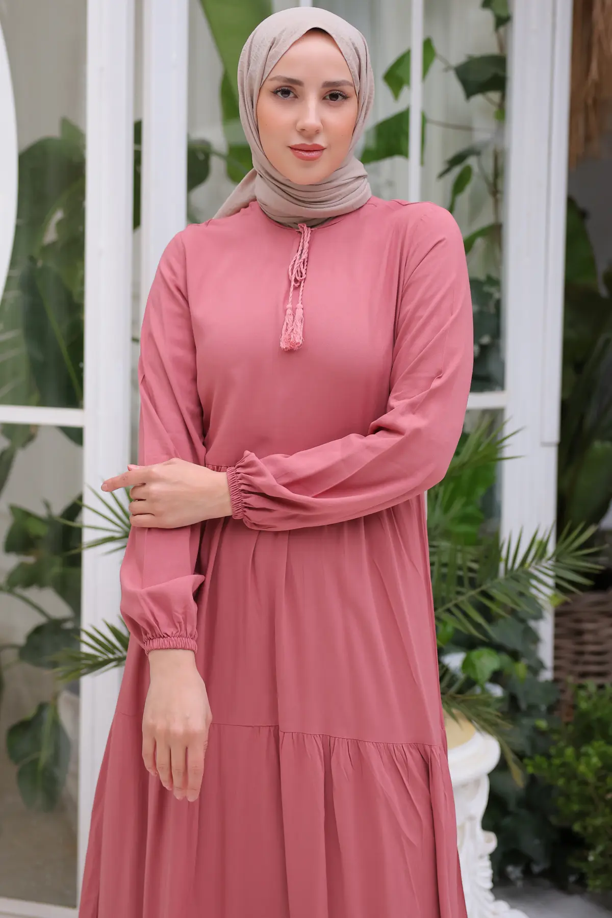 8232 Yakası İpli Elbise Gül Kurusu-detail