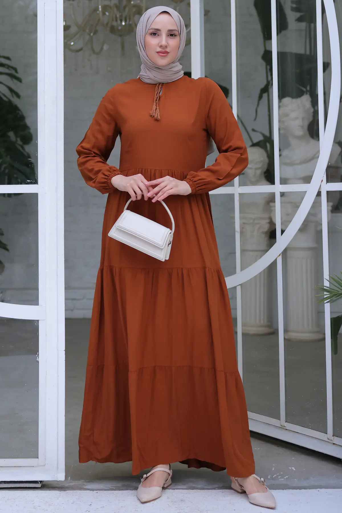 8232 Yakası İpli Elbise Kahverengi-detail