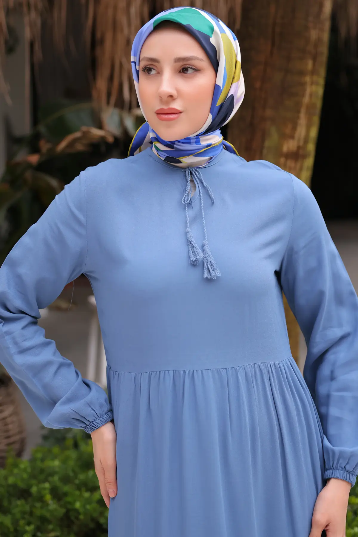 8232 Yakası İpli Elbise Mavi-detail