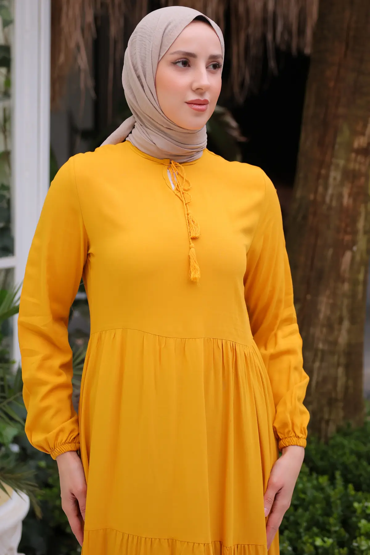 8232 Yakası İpli Elbise Sarı-detail