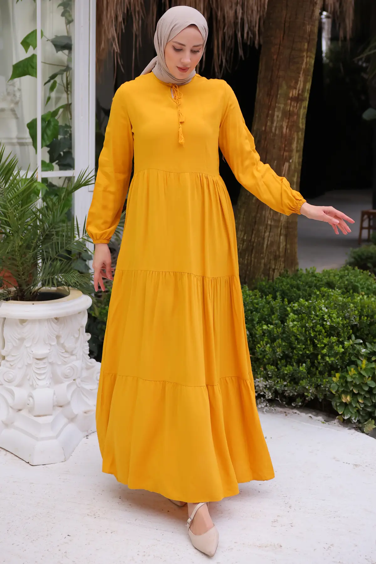 8232 Yakası İpli Elbise Sarı-detail