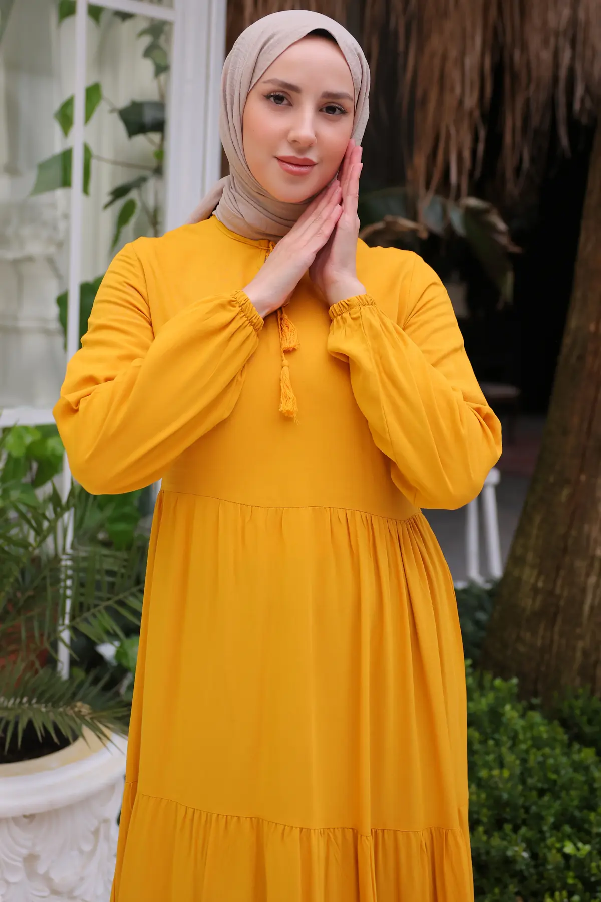 8232 Yakası İpli Elbise Sarı-detail