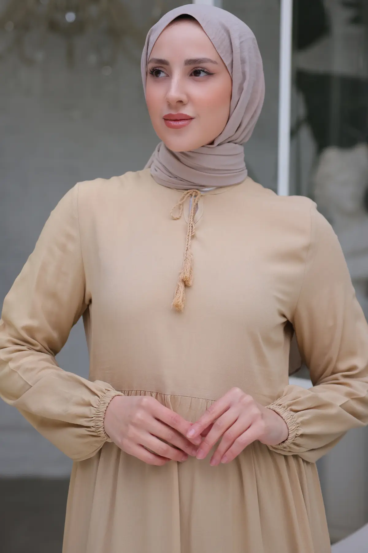 8232 Yakası İpli Elbise Taş Rengi-detail