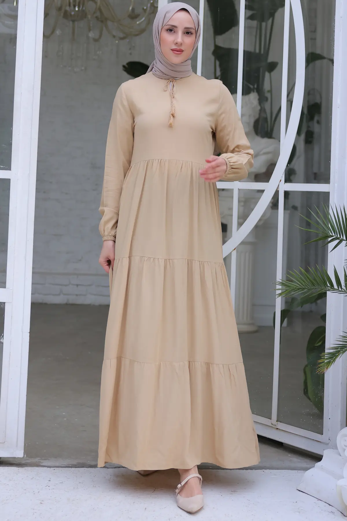 8232 Yakası İpli Elbise Taş Rengi-detail