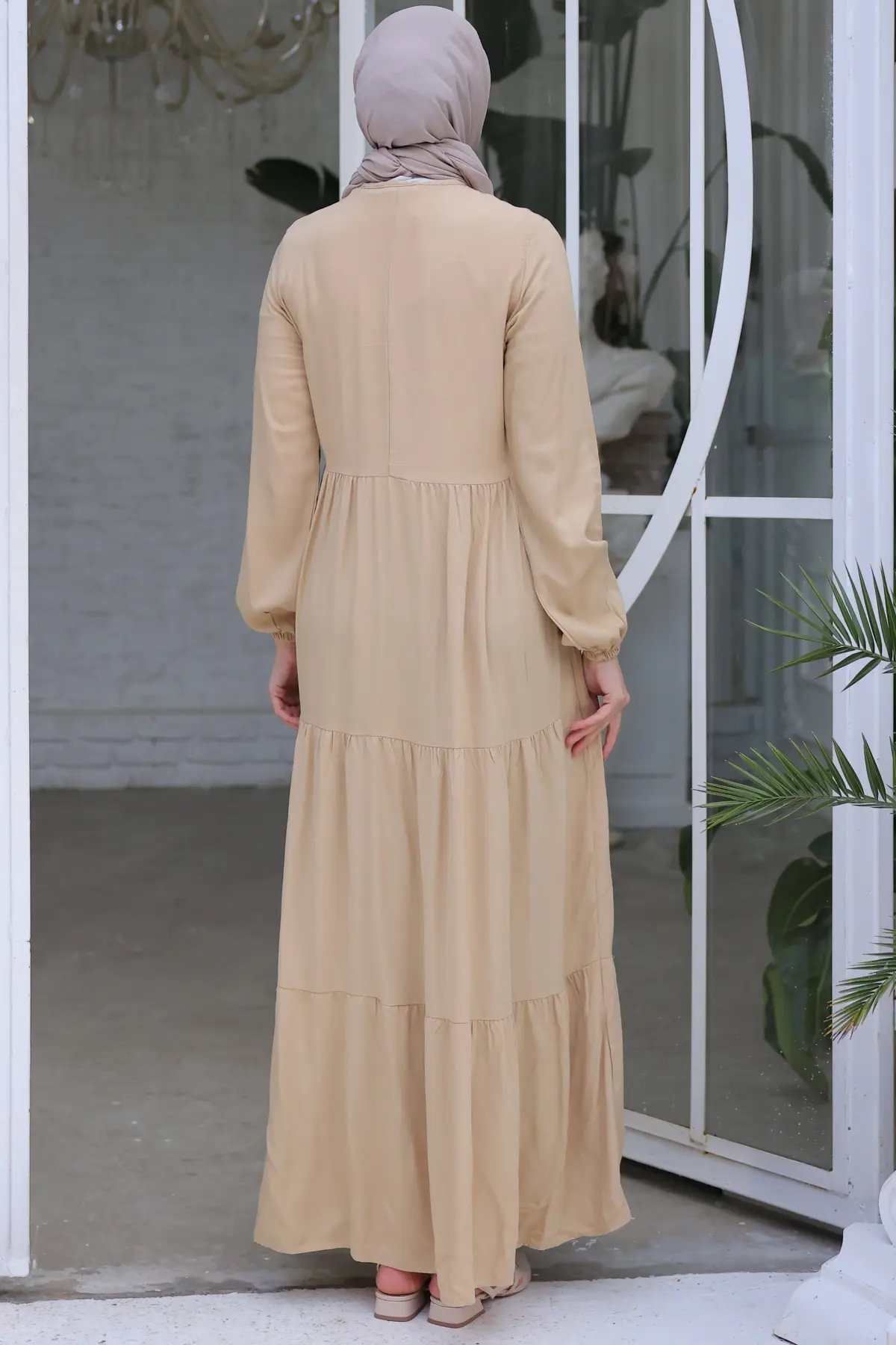 8232 Yakası İpli Elbise Taş Rengi-detail