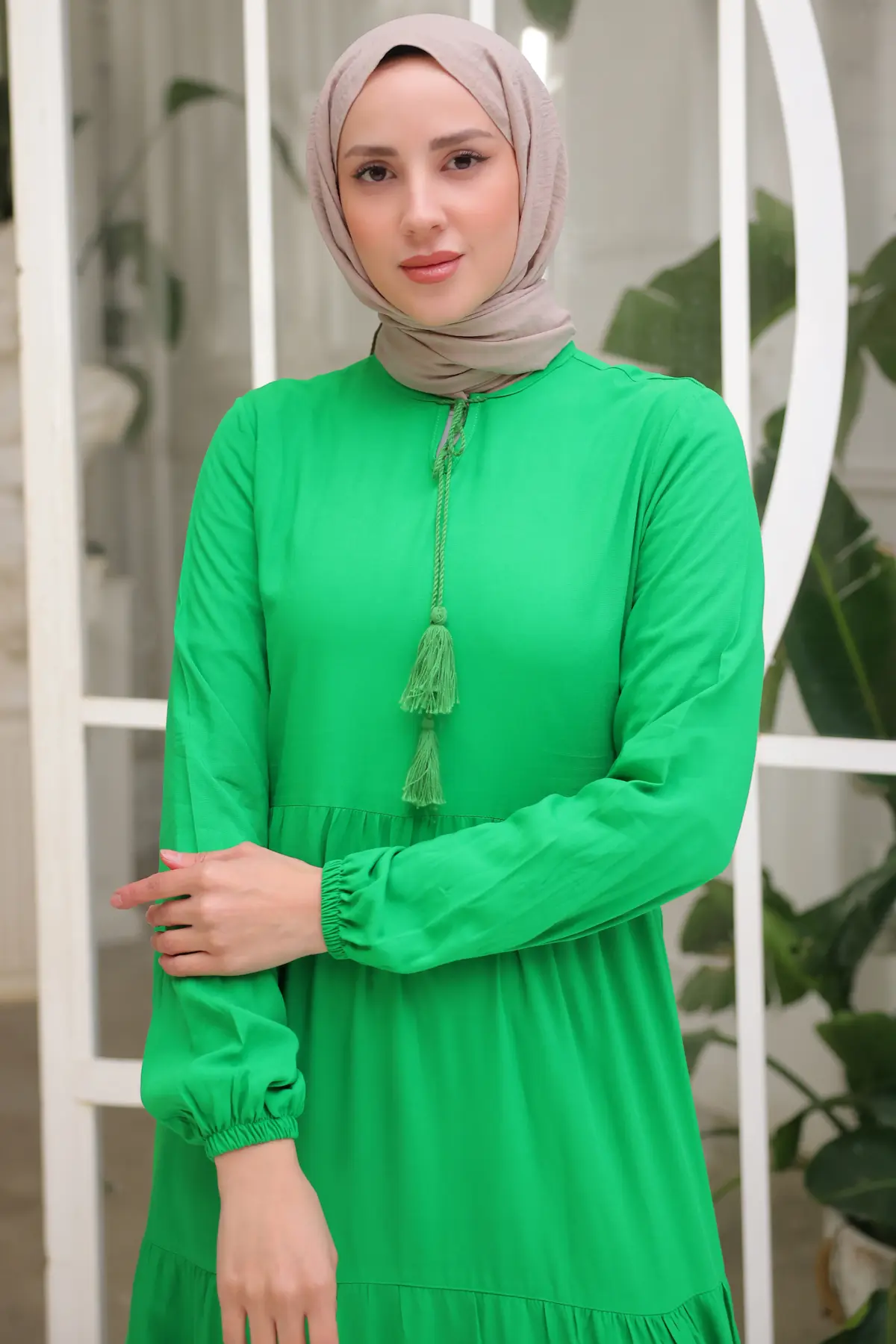 8232 Yakası İpli Elbise Yeşil-detail